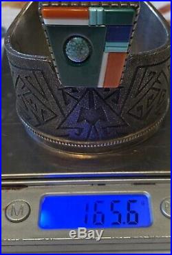 HUGE Rare Navajo RICHARD TSOSIE Sterling Tufa Cast Multi Gem Cuff Bracelet 165+G