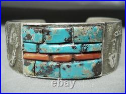 Heavy Rare Vintage Navajo Turquoise Coral Sterling Silver Bracelet