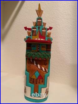 Hopi native american carving, vibrant turquoise, bright red, rare 15 inches high