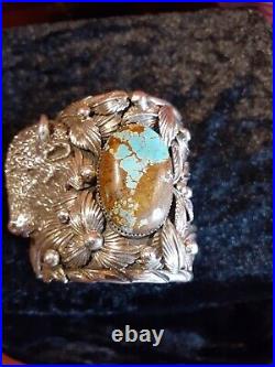 Huge Native American Cuff Sterling Turquoise Buffalo Rare 233+ gm