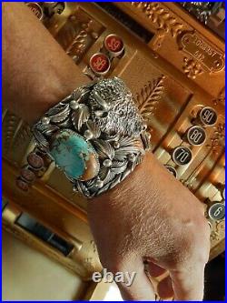 Huge Native American Cuff Sterling Turquoise Buffalo Rare 233+ gm