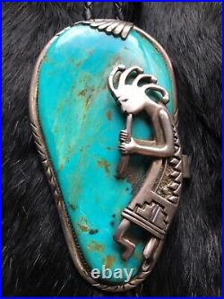 Huge Old Vintage Museum Quality Heavy Turquoise Slab Kachina Sterling Bolo Tie