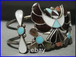 Huge Rare Vintage Zuni Turquoise Bird Silver Coral Bracelet Old