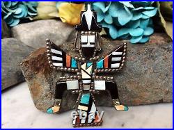 Huge Ultra Rare Early Native American Zuni Turquoise Coral Jet Mop Knifewing Pin