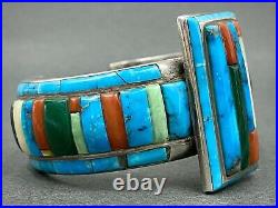 INCREDIBLE Vintage Navajo Silver Turquoise Cornrow Inlay Cuff Bracelet RARE