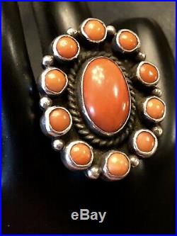 Important Large Navajo MARK CHEE Sterling & Coral Cluster Ring 15+G Size 8 RARE