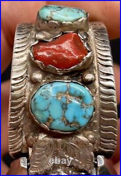 Important Rare Zuni DAN SIMPLICIO Sterling Turquoise & Coral Watch Cuff Bracelet