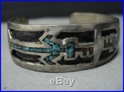Important Vintage Navajo'hmij' Yei Sterling Silver Turquoise Coral Bracelet Old