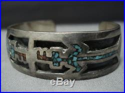 Important Vintage Navajo'hmij' Yei Sterling Silver Turquoise Coral Bracelet Old