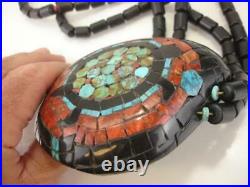 KEWA Santo Domingo Indian MASSIVE Shell Inlaid Necklace Turtle Pendant Long RARE