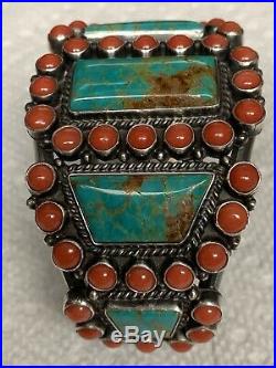 KIRK SMITH Navajo sterling Turquoise & RARE Red Mediterranean Coral HEAVY Cuff