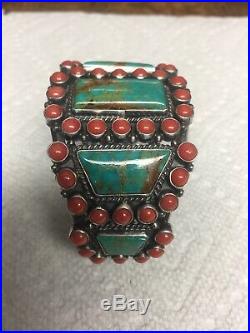 KIRK SMITH Navajo sterling Turquoise & RARE Red Mediterranean Coral HEAVY Cuff