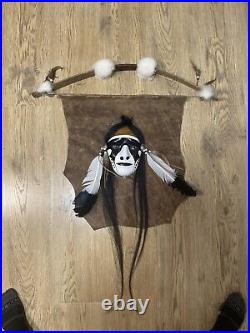 LARGE Native American Indian Face Head Mask On Leather RARE Vintage Wall Art