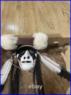 LARGE Native American Indian Face Head Mask On Leather RARE Vintage Wall Art