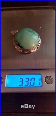 Large Navajo Green Turquoise Cabochon 33g Pendant RARE & 30 Sterling chain