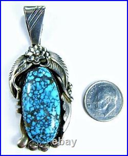 Large Rare Native American Signed SL Sterling Silver Spiderweb Turquoise Pendant