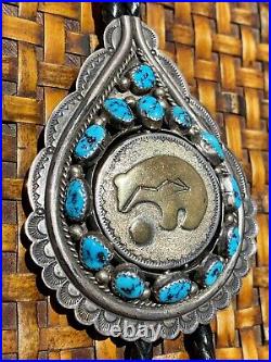 Legendary Navajo Tommy Moore Sterling Silver & Rare Turquoise Bolo Tie With Bear