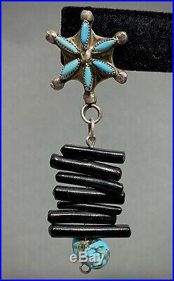 Long RARE Vintage Zuni Sterling Silver Turquoise & Black Coral Dangle Earrings