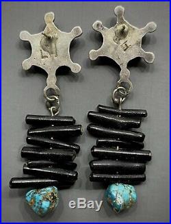 Long RARE Vintage Zuni Sterling Silver Turquoise & Black Coral Dangle Earrings