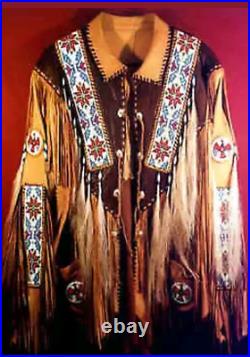 Men's Native American Western Wear Gold & Brown Cowhide Leather Jacket Fringes