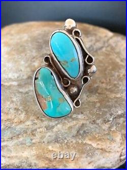 Mens Turquoise Rare Native American Sterling Silver 2 Stone Ring Sz 6 8765