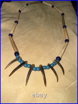 Mid-late 1800s Native American Badger Claw Necklace With Rare Tiny Padre Beads