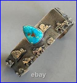 NAVAJO AMAZING RB Richard Begay Sterling Overlay Turquoise RARE ANGLED CUFF 46g
