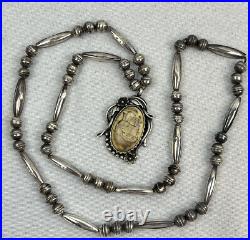 NAVAJO NECKLACE CARVED Sterling Silver Beads Signed Pendant Native American Rare