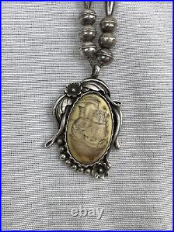 NAVAJO NECKLACE CARVED Sterling Silver Beads Signed Pendant Native American Rare