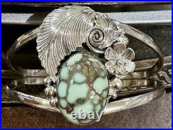 NAVAJO Rare DAMELE TURQUOISE Sterling Silver SQUASH BLOSSOM Cuff Bracelet SIGNED