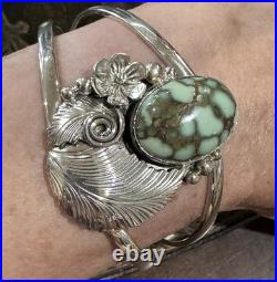 NAVAJO Rare DAMELE TURQUOISE Sterling Silver SQUASH BLOSSOM Cuff Bracelet SIGNED