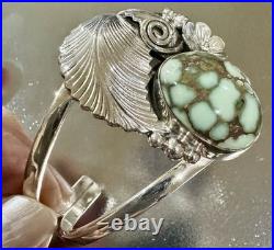 NAVAJO Rare DAMELE TURQUOISE Sterling Silver SQUASH BLOSSOM Cuff Bracelet SIGNED