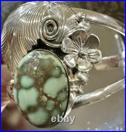 NAVAJO Rare DAMELE TURQUOISE Sterling Silver SQUASH BLOSSOM Cuff Bracelet SIGNED