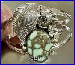 NAVAJO Rare DAMELE TURQUOISE Sterling Silver SQUASH BLOSSOM Cuff Bracelet SIGNED