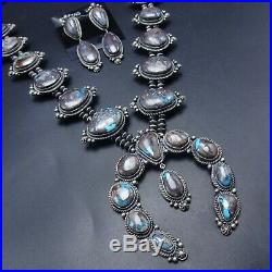 NAVAJO Sterling Silver RARE BISBEE Turquoise SQUASH BLOSSOM Necklace Earring SET