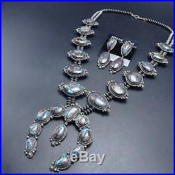 NAVAJO Sterling Silver RARE BISBEE Turquoise SQUASH BLOSSOM Necklace Earring SET