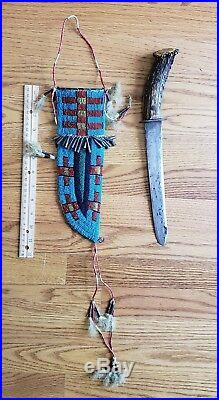 Native American 19th Century Large Beaded Knife Case with Knife, RARE