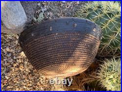Native American Basket Hopi Antique Buckskin Leather Rim? Rivets Rare
