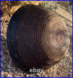 Native American Basket Hopi Antique Buckskin Leather Rim? Rivets Rare