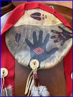 Native American Ceremonial Leather Painted Shield, 16.5 Rare Powwow Dance Find