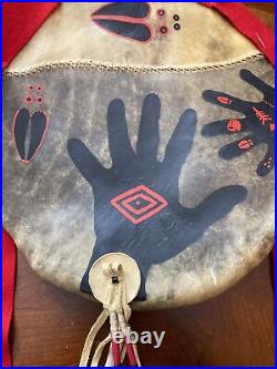 Native American Ceremonial Leather Painted Shield, 16.5 Rare Powwow Dance Find