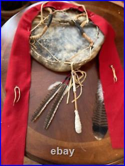 Native American Ceremonial Leather Painted Shield, 16.5 Rare Powwow Dance Find