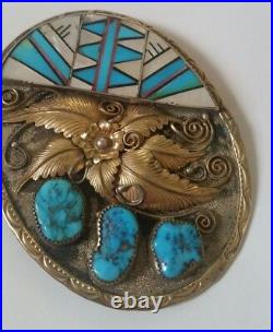 Native American E. King Sterling Turquoise Nugget Pearl Inlaid Belt Buckle -RARE