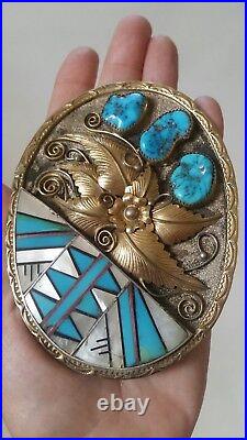 Native American E. King Sterling Turquoise Nugget Pearl Inlaid Belt Buckle -RARE