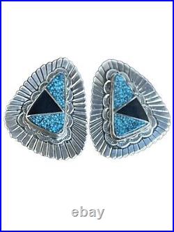 Native American Handmade RARE Lander Blue Turquoise/Jet Sterling Silver Earrings