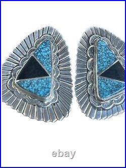 Native American Handmade RARE Lander Blue Turquoise/Jet Sterling Silver Earrings