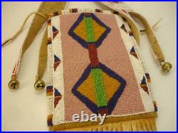 Native American Indian Crow Beaded Mirror Bag Brain Tanned Leather Fringe RARE