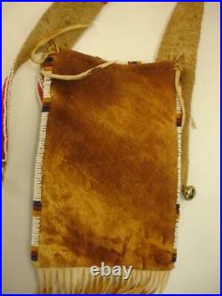 Native American Indian Crow Beaded Mirror Bag Brain Tanned Leather Fringe RARE