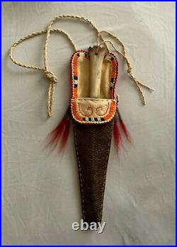 Native American Indian Quilled Sheath & Bone Handle Knife rare Quill work
