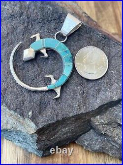 Native American Inlay Sterling Silver Navajo Rare Aqua Turquoise Lizard Pendant